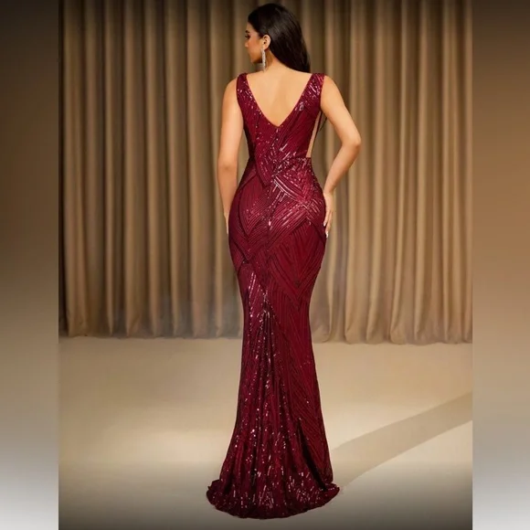 Luxe mermaid hem back evening party formal prom wedding sequin dress - Picture 5 of 6